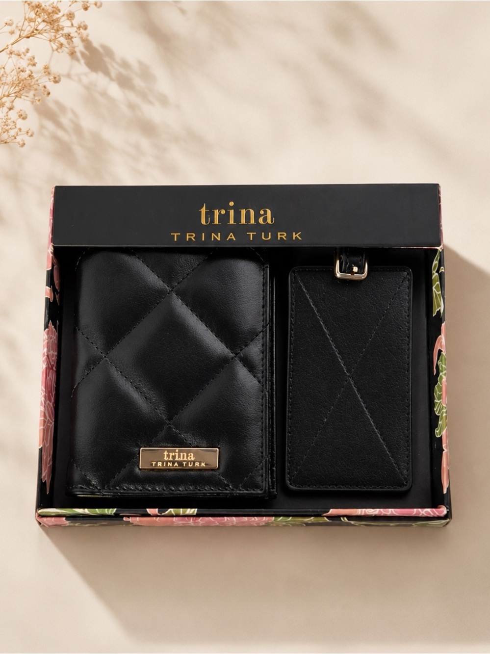 Trina Turk Black Quilted Passport Holder Luggage Tag Set
